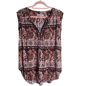 Loft Sleeveless V Neck Tunic Top Orange Pink Floral Print Medium